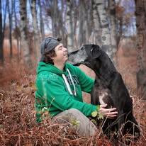 Forever in the Forest – A Tribute to Jazmin the Great Dane A person kneeling in an autumn forest, sharing a quiet moment with their senior Great Dane, Jazmin, who lovingly gazes into their eyes.